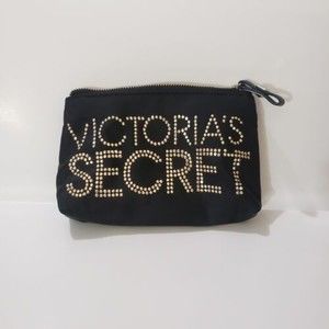 Victoria's Secret Gold Rhinestone Black Cosmetic Bag, Leopard Print Inside